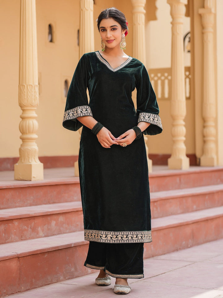 Green Zari_Work Velvet Straight Kurta Palazzo Dupatta Set-Yufta Store-1599SKDGRS