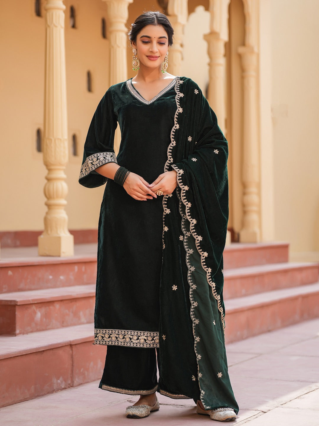 Green Zari_Work Velvet Straight Kurta Palazzo Dupatta Set-Yufta Store-1599SKDGRS