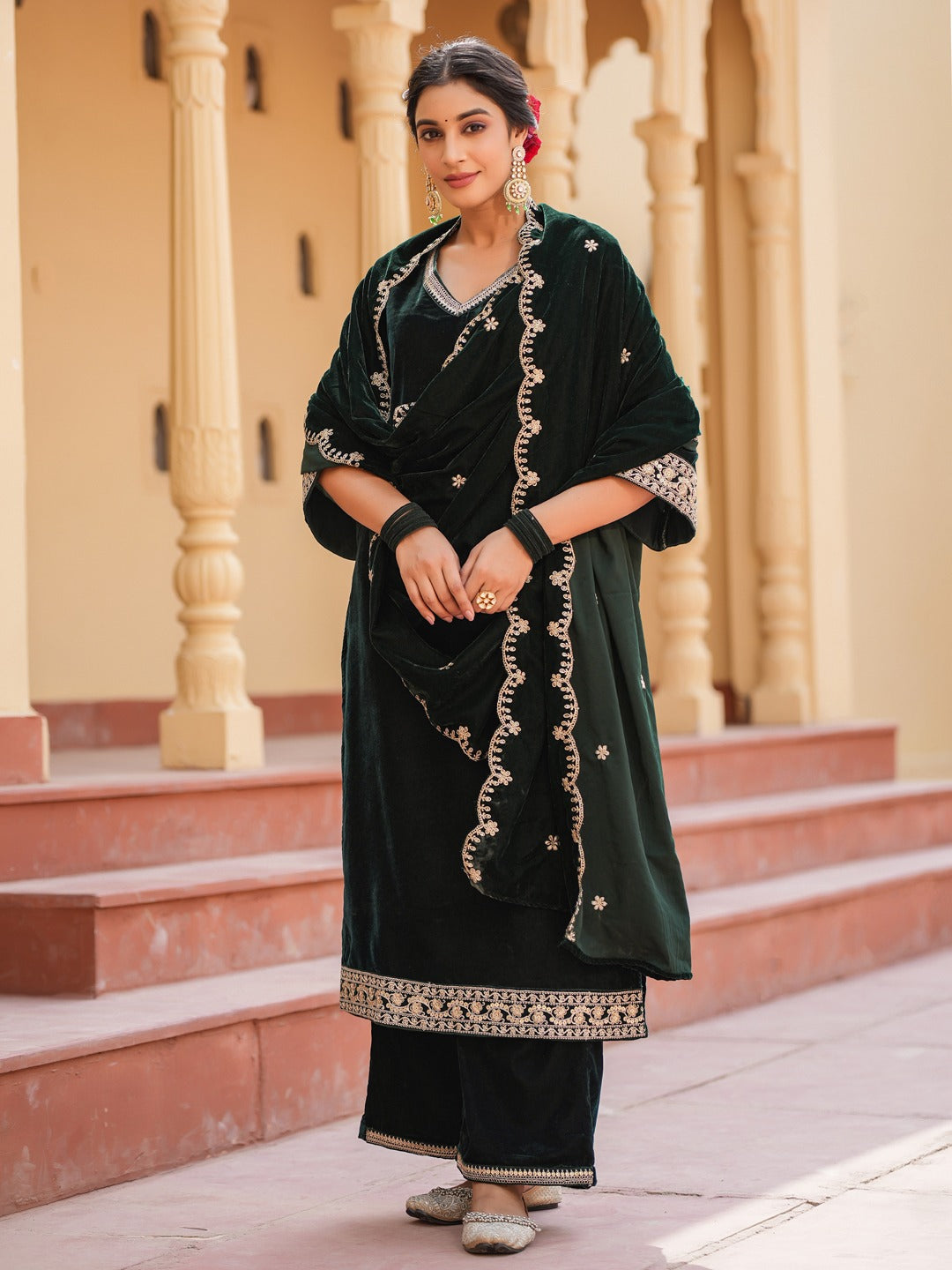 Green Zari_Work Velvet Straight Kurta Palazzo Dupatta Set-Yufta Store-1599SKDGRS