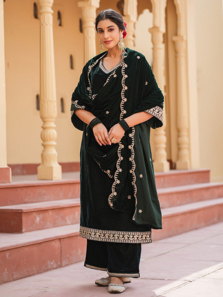 Green Zari_Work Velvet Straight Kurta Palazzo Dupatta Set-Yufta Store-1599SKDGRS