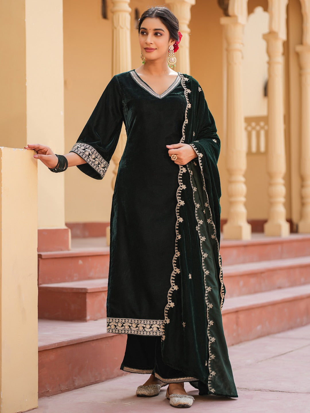 Green Zari_Work Velvet Straight Kurta Palazzo Dupatta Set-Yufta Store-1599SKDGRS