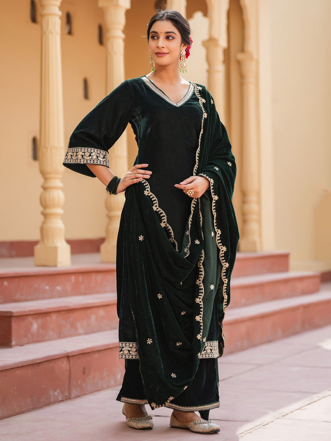 Green Zari_Work Velvet Straight Kurta Palazzo Dupatta Set-Yufta Store-1599SKDGRS