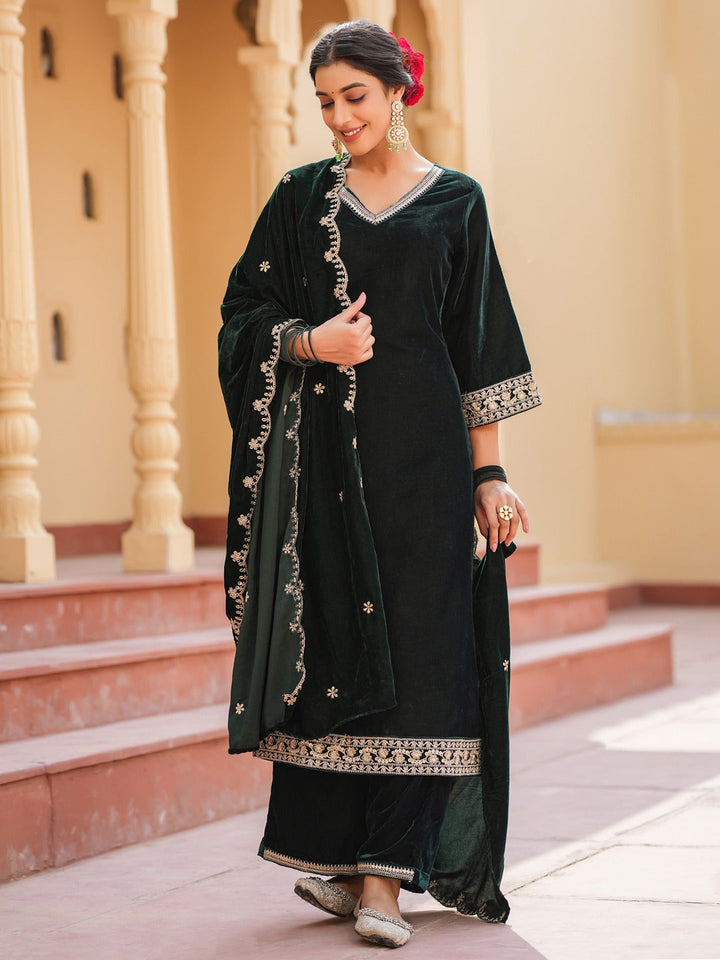 Green Zari_Work Velvet Straight Kurta Palazzo Dupatta Set-Yufta Store-1599SKDGRS