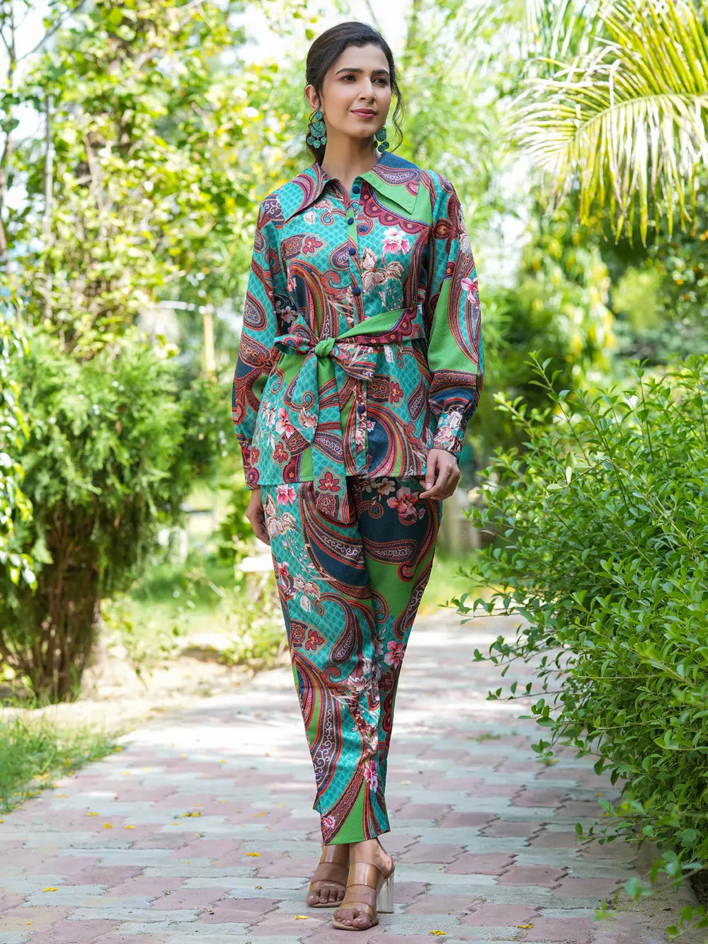 Green and Turquoise Blue Printed Satin Co-Ords-Yufta Store-1439CRDGRS