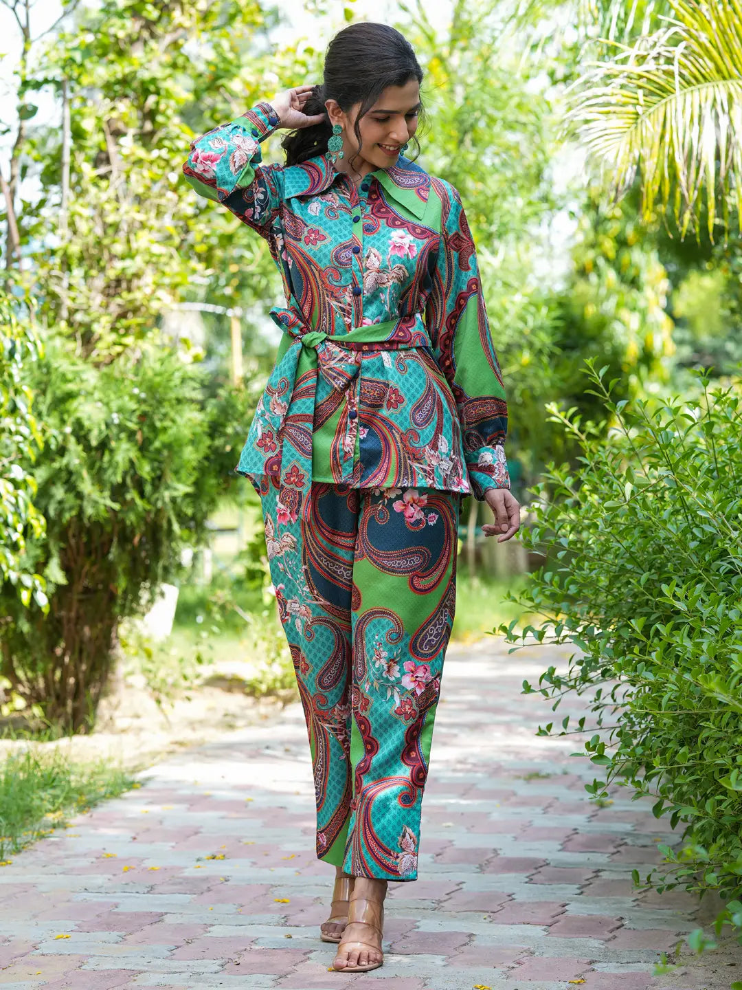 Green and Turquoise Blue Printed Satin Shirt with Trousers Co-Ords-Yufta Store-1439CRDGRS