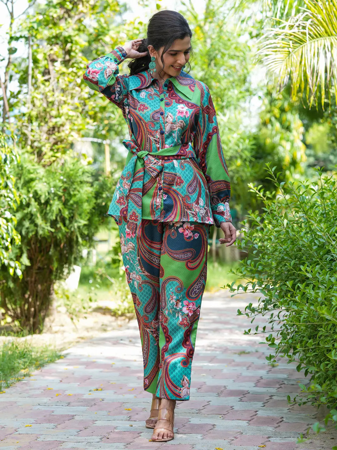 Green and Turquoise Blue Printed Satin Co-Ords-Yufta Store-1439CRDGRS