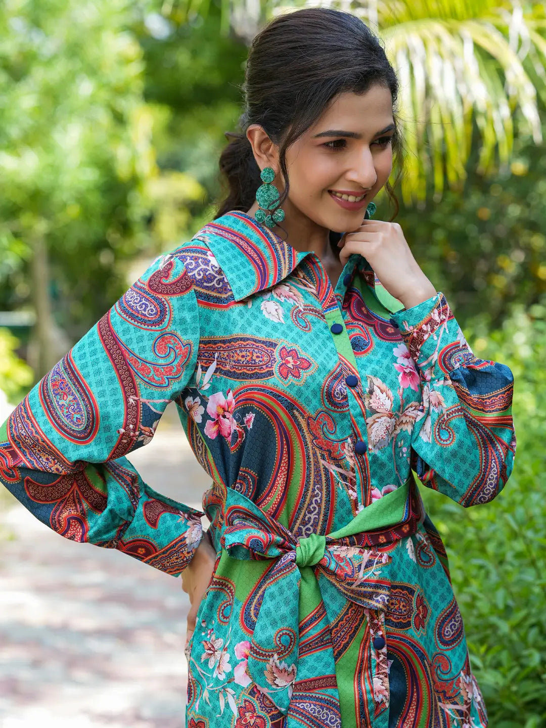 Green and Turquoise Blue Printed Satin Shirt with Trousers Co-Ords-Yufta Store-1439CRDGRS
