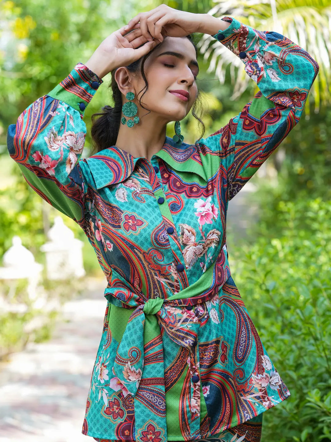 Green and Turquoise Blue Printed Satin Shirt with Trousers Co-Ords