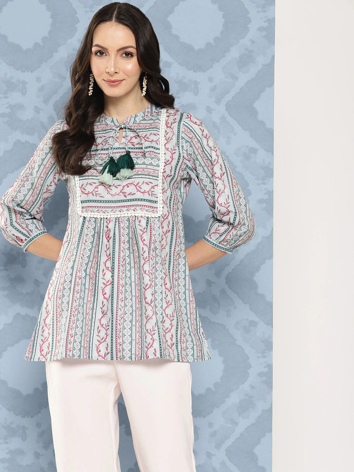 Green and pink Print Mandarin Collar Ethnic Linen Top-Yufta Store-1413TOPSGS