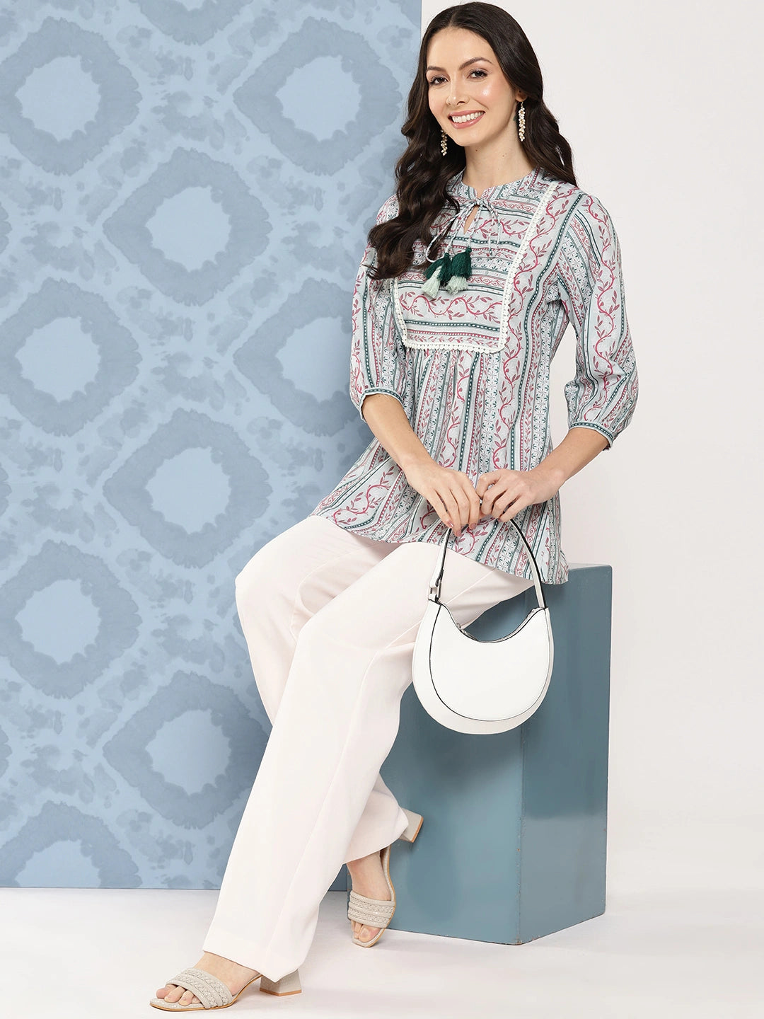 Green and pink Print Mandarin Collar Ethnic Linen Top-Yufta Store-1413TOPSGS