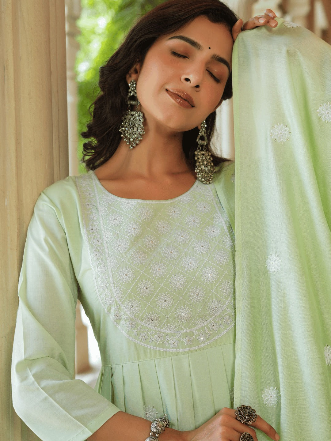 Green embroidered Fit and flare Kurta Trouser And Dupatta Set-Yufta Store-1351SKDGRS
