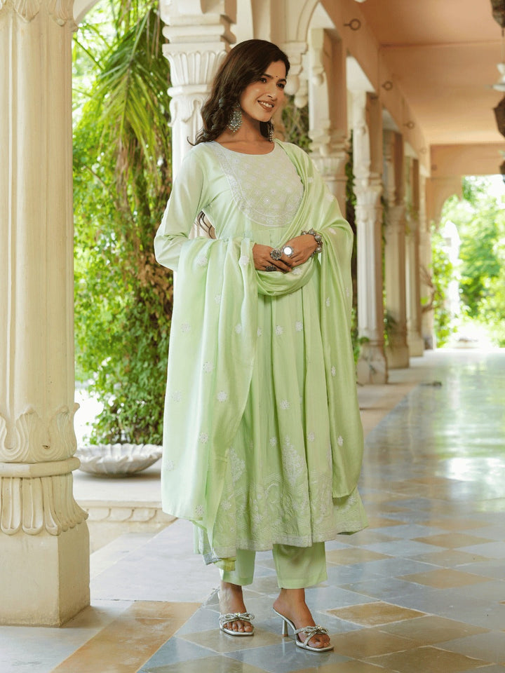Green embroidered Fit and flare Kurta Trouser And Dupatta Set-Yufta Store-1351SKDGRS