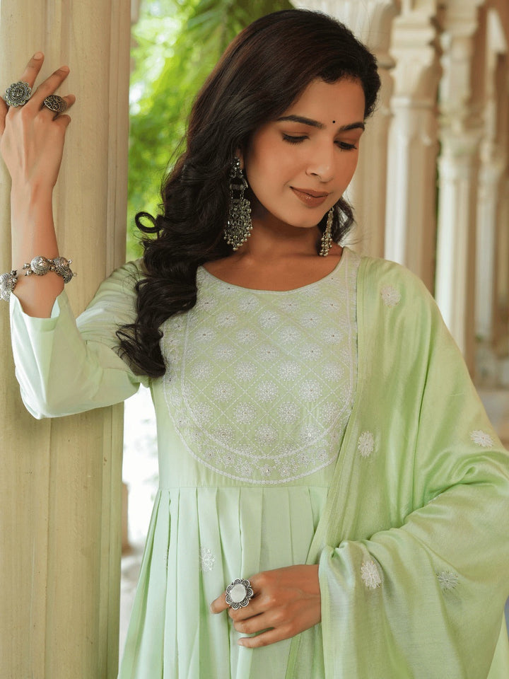 Green embroidered Fit and flare Kurta Trouser And Dupatta Set-Yufta Store-1351SKDGRS