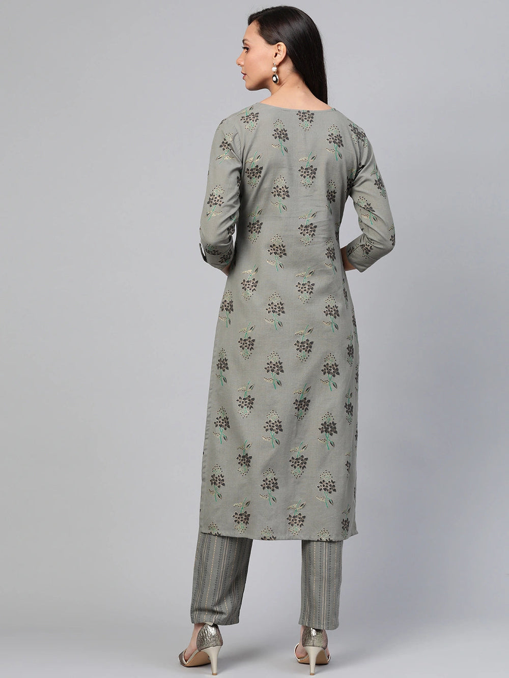 Grey & Black Printed Kurta Set-Yufta Store-7554SETGYS