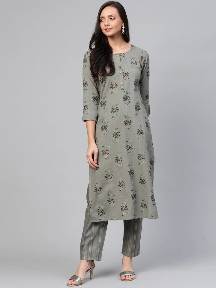 Grey & Black Printed Kurta Set-Yufta Store-7554SETGYS