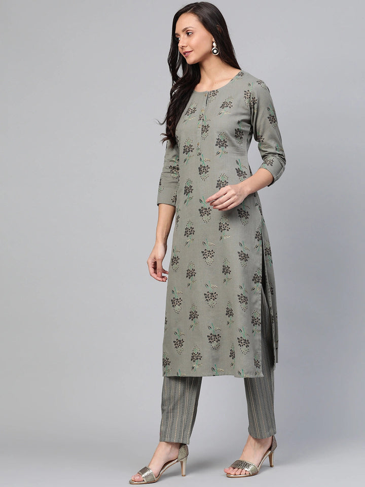 Grey & Black Printed Kurta Set-Yufta Store-7554SETGYS