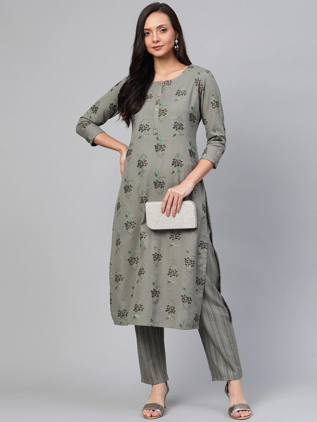 Grey & Black Printed Kurta Set-Yufta Store-7554SETGYS