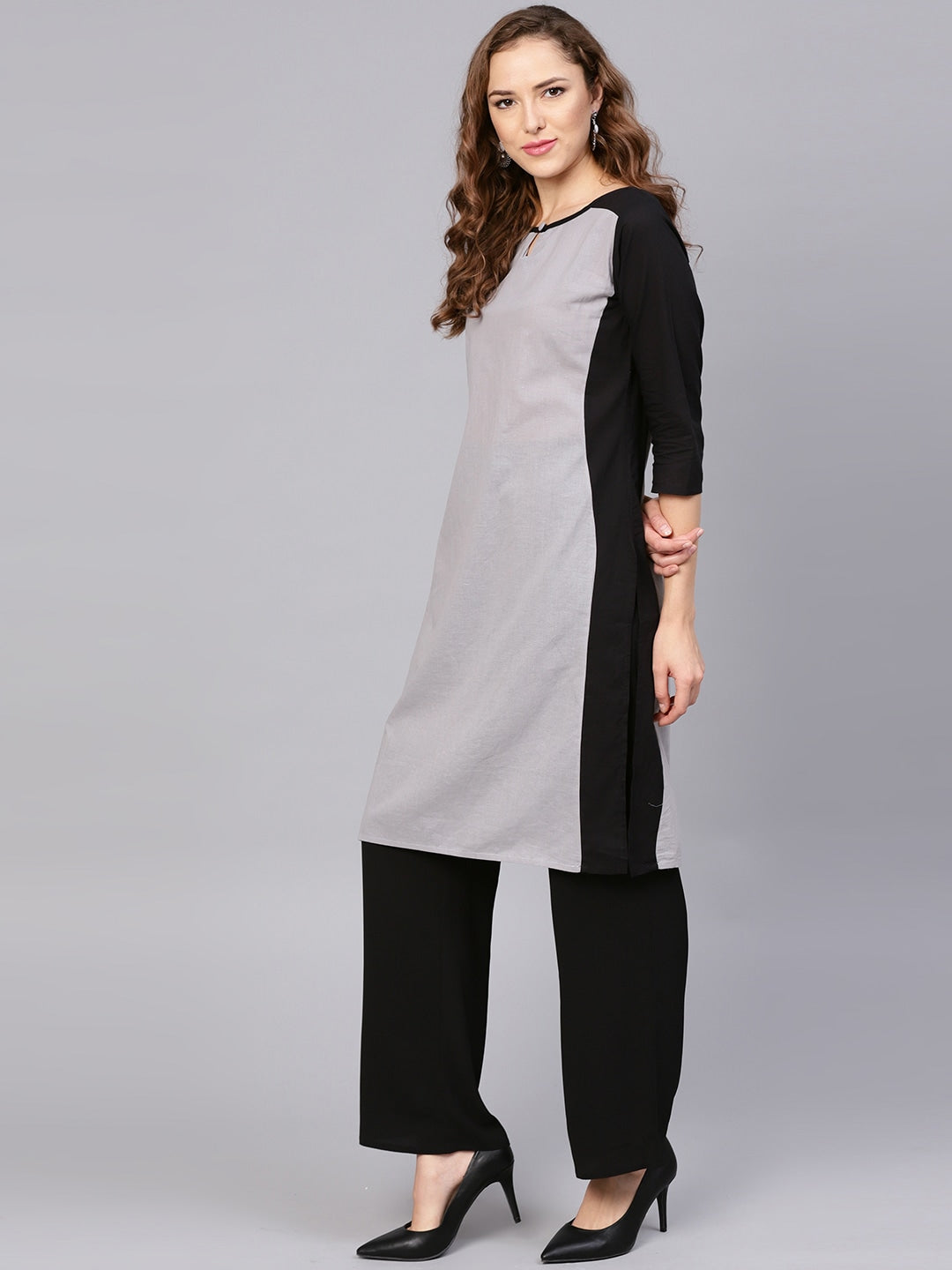 Grey & Black Straight Kurta-Yufta Store-LBZNKWKU0900S