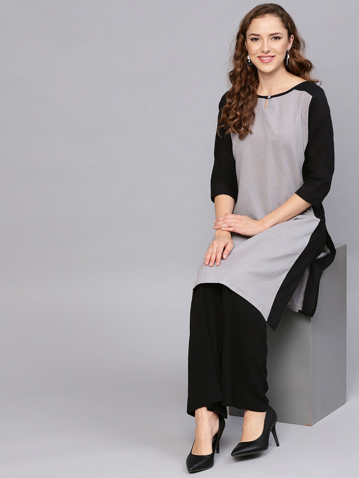 Grey & Black Straight Kurta-Yufta Store-LBZNKWKU0900S