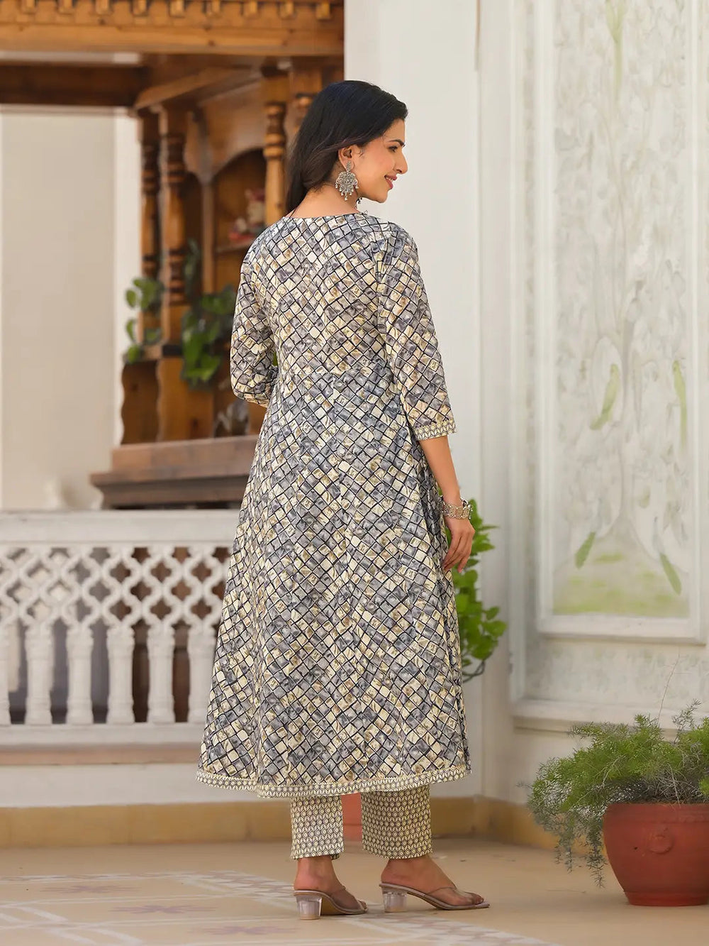 Grey Checkered Print Anarkali Kurta Trouser With Dupatta Set-Yufta Store-6918SKDGYS