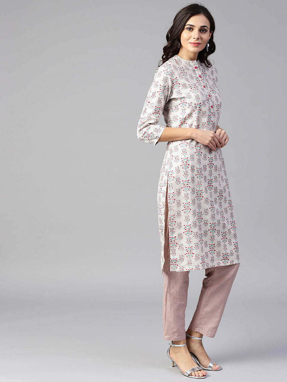 Grey & Coral Printed Kurta Set-Yufta Store-YUFPKKSET1836S