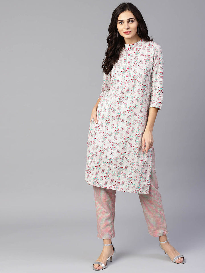 Grey & Coral Printed Kurta Set-Yufta Store-YUFPKKSET1836S