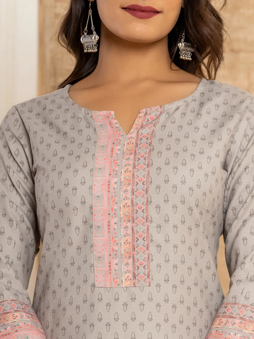 Grey Cotton A-Line Kurta With Digital Print-Yufta Store-1924KURGYS