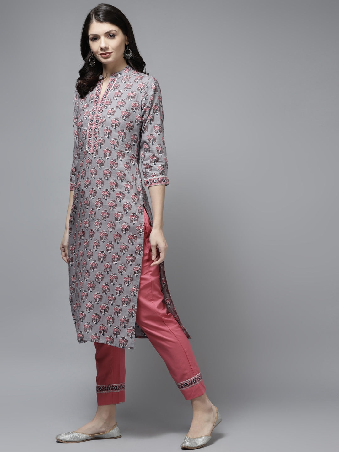 Grey Cotton Ethnic Printed Dupatta Set-Yufta Store-9794SKDGYS