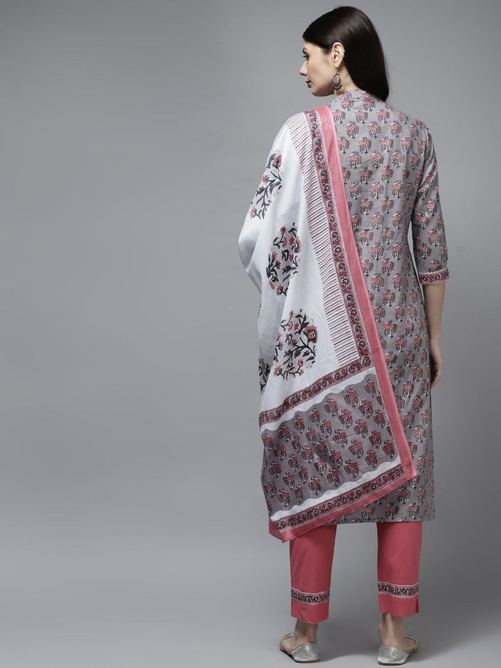 Grey Cotton Ethnic Printed Dupatta Set