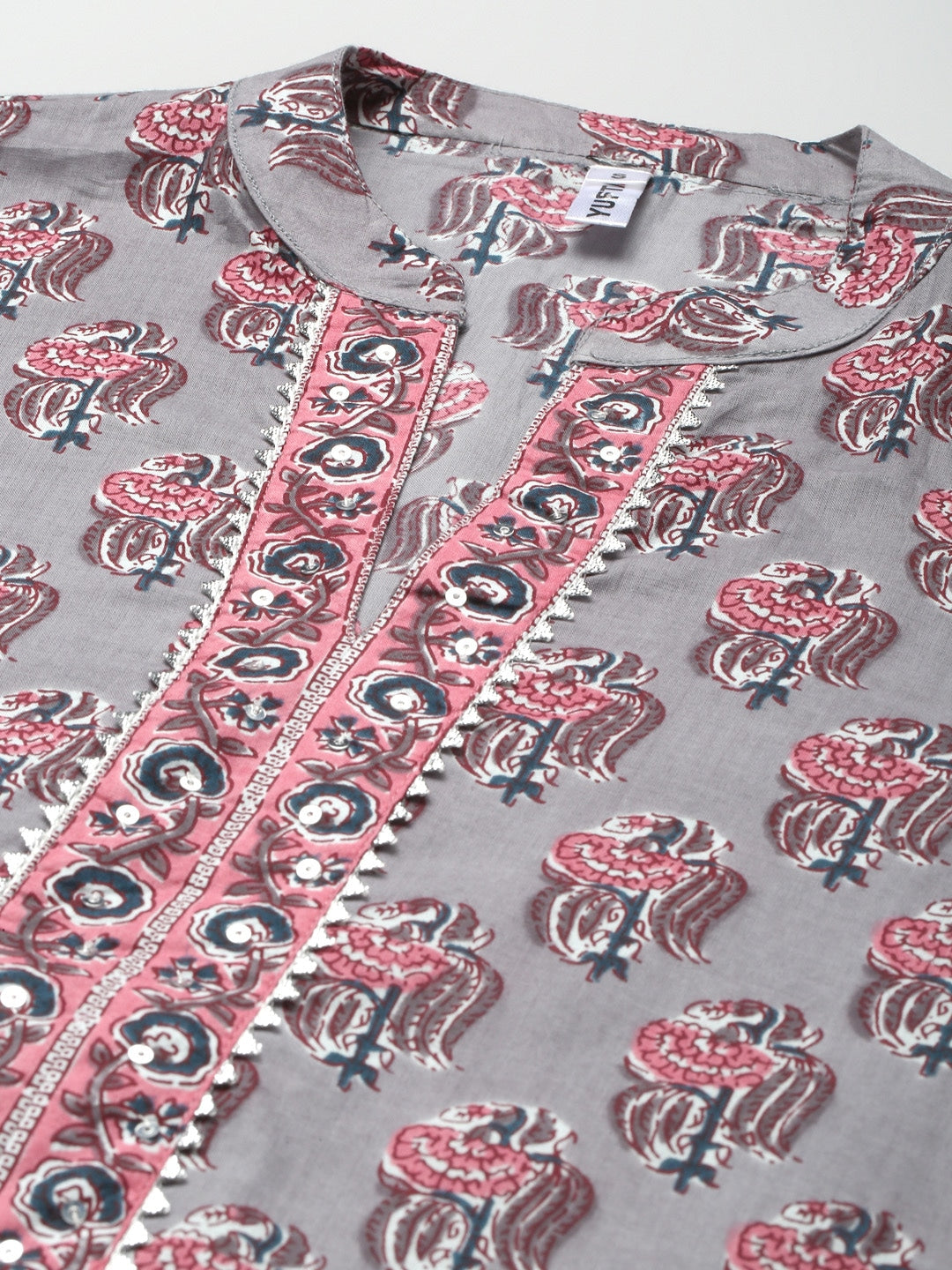 Grey Cotton Ethnic Printed Dupatta Set-Yufta Store-9794SKDGYS