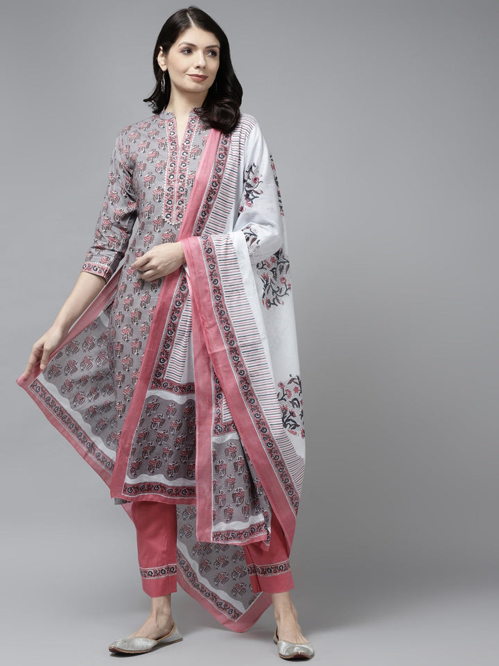 Grey Cotton Ethnic Printed Dupatta Set