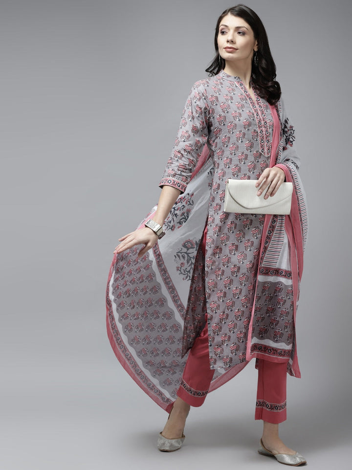 Grey Cotton Ethnic Printed Dupatta Set