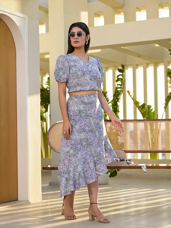 Grey Cotton Floral Print Co-Ord Set-Yufta Store-6912CRDGYS