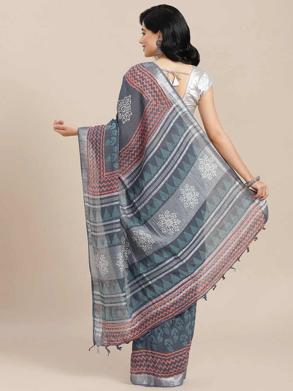 Grey Cotton Linen Saree-Yufta Store-6046SARGY