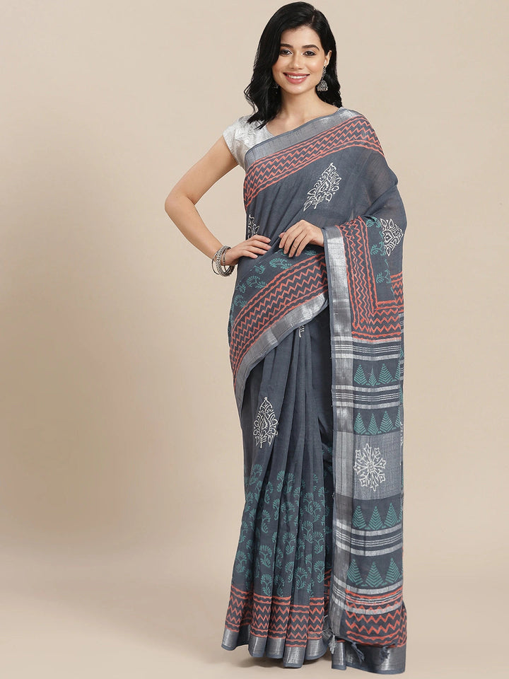 Grey Cotton Linen Saree-Yufta Store-6046SARGY