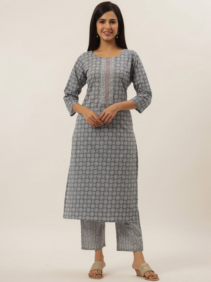 Grey Cotton Printed Dupatta Set-Yufta Store-6202SKDGYS