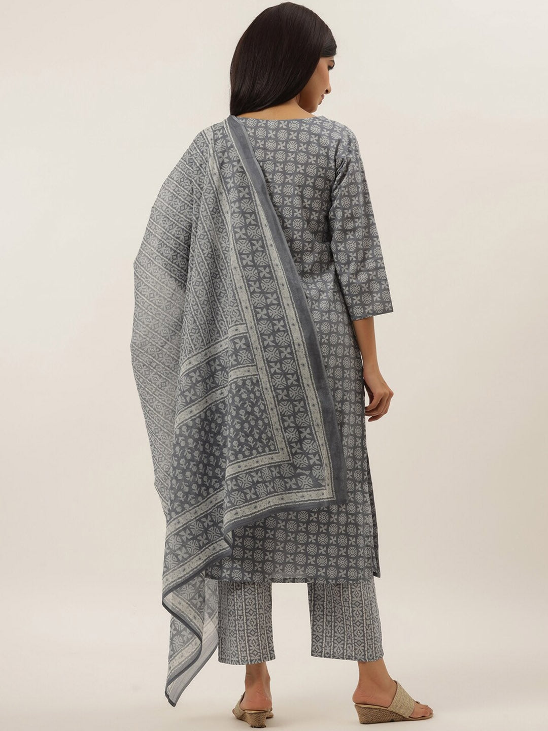 Grey Cotton Printed Dupatta Set-Yufta Store-6202SKDGYS