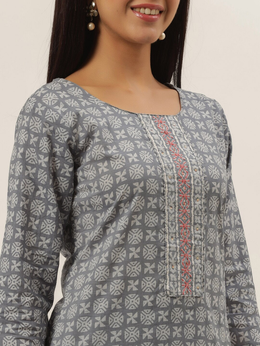 Grey Cotton Printed Dupatta Set-Yufta Store-6202SKDGYS