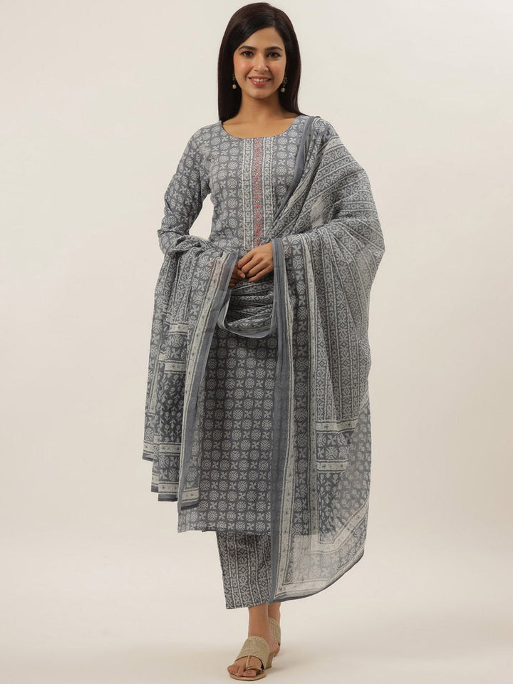 Grey Cotton Printed Dupatta Set-Yufta Store-6202SKDGYS