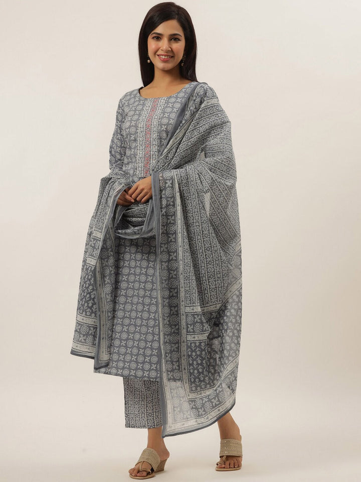 Grey Cotton Printed Dupatta Set-Yufta Store-6202SKDGYS