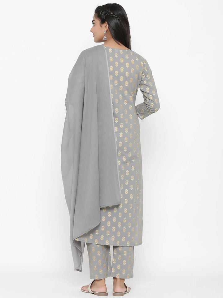 Grey Dupatta Embroidered Set-Yufta Store-7524SETGRS