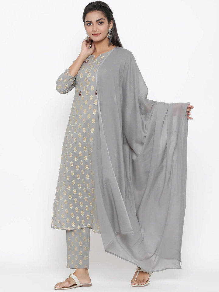 Grey Dupatta Embroidered Set-Yufta Store-7524SETGRS