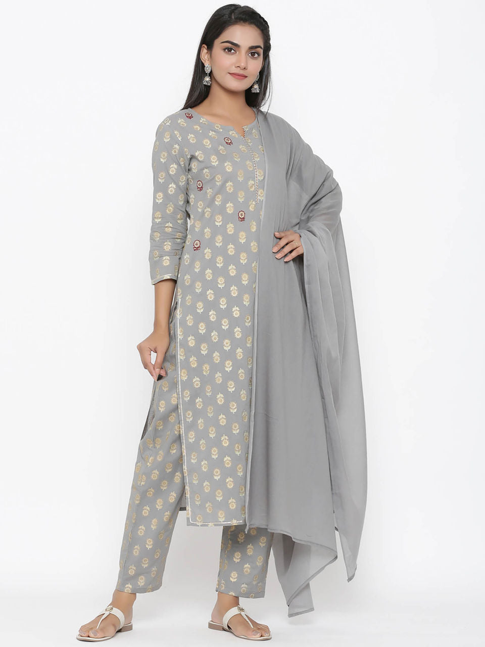 Grey Dupatta Embroidered Set-Yufta Store-7524SETGRS