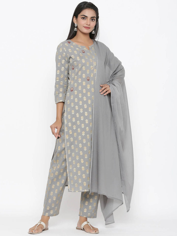 Grey Dupatta Embroidered Set-Yufta Store-7524SETGRS