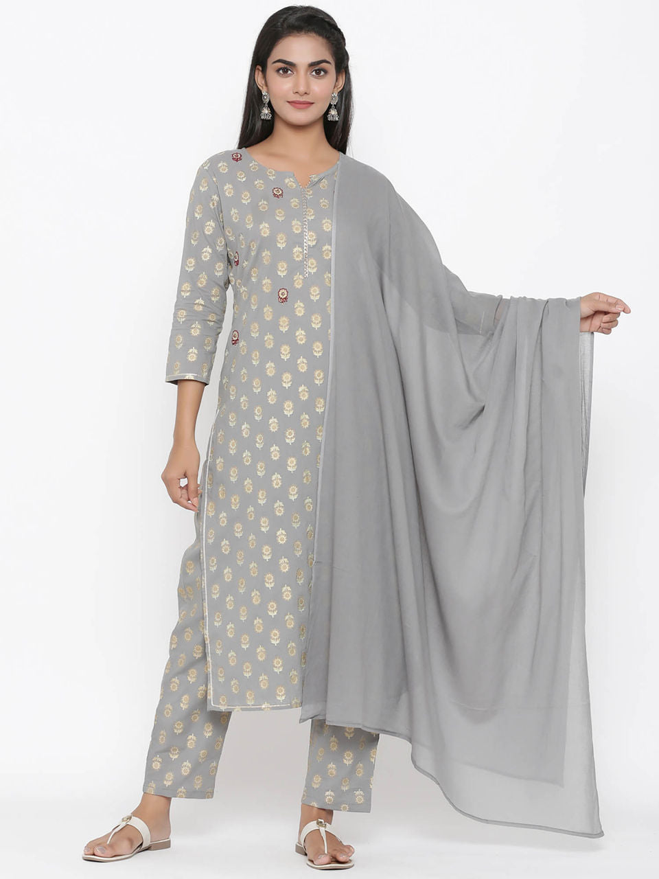 Grey Dupatta Embroidered Set-Yufta Store-7524SETGRS