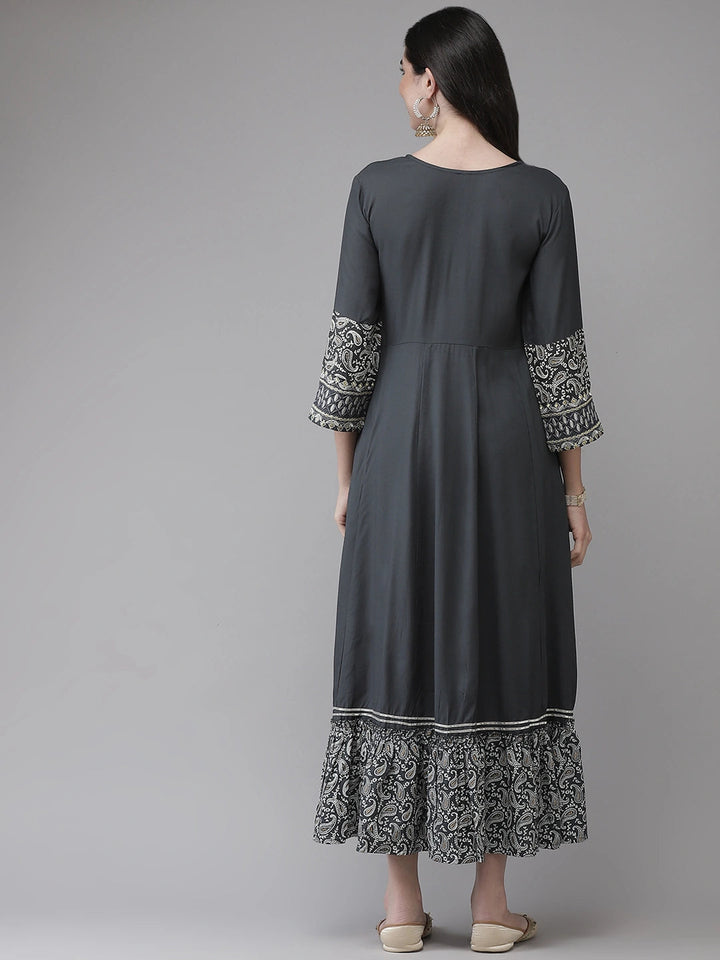 Grey Embroidered Dress-Yufta Store-2118DRSGYM