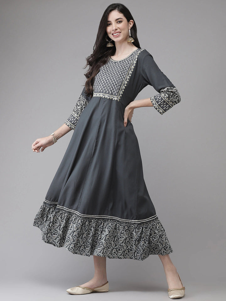 Grey Embroidered Dress-Yufta Store-2118DRSGYM