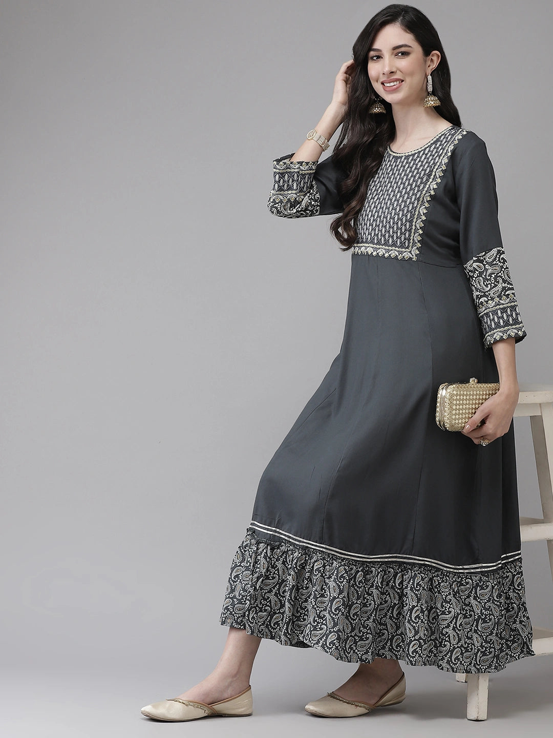 Grey Embroidered Dress-Yufta Store-2118DRSGYM