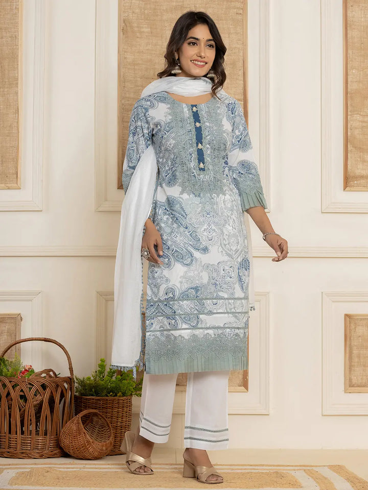 Grey Ethnic Motifs Cotton Straight Kurta And Trousers With Dupatta Set