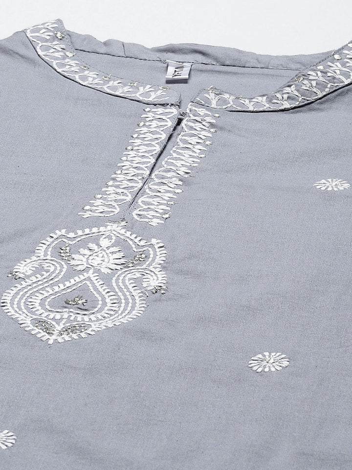 Grey Ethnic Motifs Embroidered Dupatta Set-Yufta Store-3201SKDGYM
